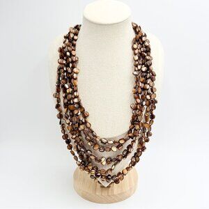 Vintage Multi-Strand Brown Shell Beaded Necklace with Toggle Clasp